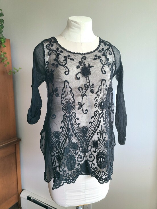 Tops - Black Sheer Embroidered Long-Sleeve Top